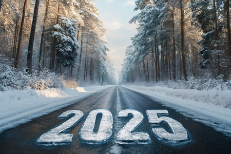 Icy road leading into the new year 2025 through snowy winter forestの素材