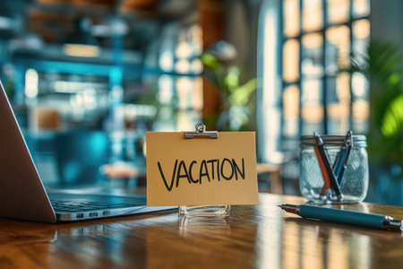 Vacation sign displayed on an office desk, symbolizing upcoming time off and a break from workの素材