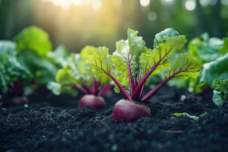 Close up of ripe beetroots growing in dark rich soil with green leavesの素材