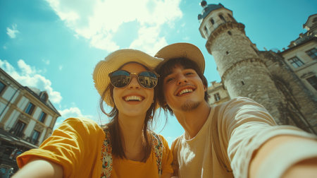 Young couple of tourists smiling and taking a selfie with palais de l'isle in the background in Annecy, Franceの素材