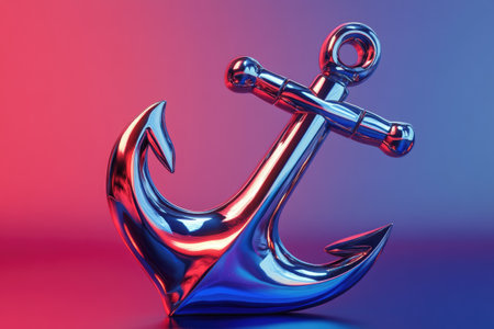 Chrome anchor reflecting vivid colors on a gradient background, creating a striking visual contrastの素材