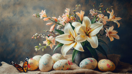 Beautiful easter still life with decorated eggs, spring flowers, and a monarch butterfly on a rustic backgroundの素材