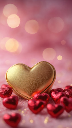 Heart-shaped pink gemstone sparkling on a bed of soft pink rose petals, creating a romantic and luxurious atmosphereの素材