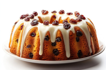 Freshly baked ring cake with raisins, covered in a sweet white icing, perfect for a celebratory treatの素材
