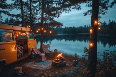 Cozy campfire burning near a camper van parked by a tranquil lake at sunset, creating a peaceful and relaxing atmosphereの素材