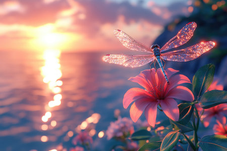 Beautiful dragonfly with glowing wings resting on a pink flower by the sea at sunset, creating a magical and serene atmosphereの素材