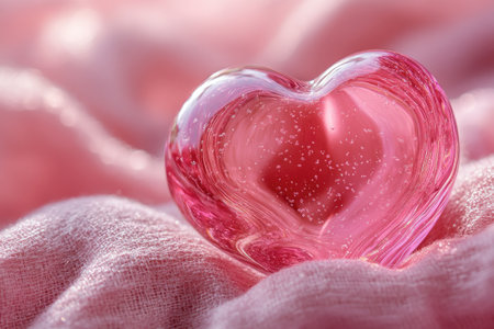 Glass heart is glowing on pink silk, creating a romantic and tender atmosphereの素材