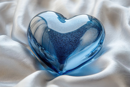 Beautiful, transparent, and shiny blue glass heart rests gently on smooth, flowing satin fabric, creating a romantic and elegant sceneの素材