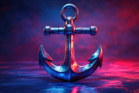 Chrome anchor reflecting vivid colors on a gradient background, creating a striking visual contrastの素材