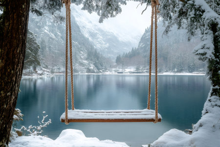 Empty swing hanging over a beautiful snowy lake surrounded by mountains and forest in winterの素材