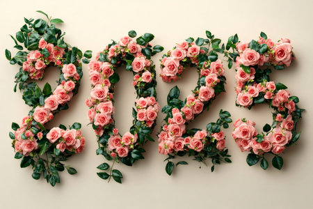 Beautiful pink roses and green leaves forming 2025 new year sign on a beige backgroundの素材