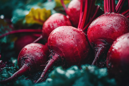 Close up of ripe beetroots growing in dark rich soil with green leavesの素材