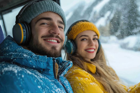 Smiling man and woman wearing headphones are listening to music while riding a ski lift on a snowy mountainの素材