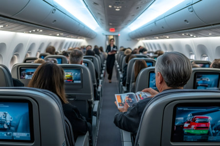 Passengers are enjoying in-flight entertainment on a commercial airplane flightの素材