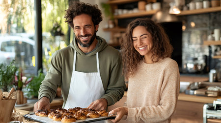 Baker and customer showing a tray of delicious cinnamon rolls, smiling and happy in a cozy bakeryの素材