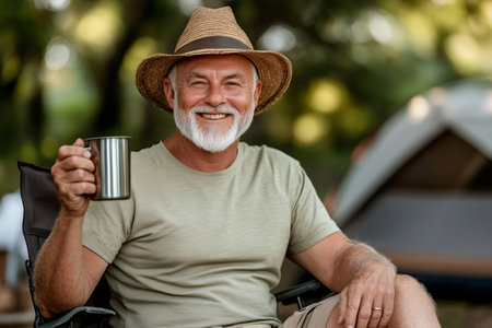 Senior camper smiling and holding a metal cup while sitting on a camping chairの素材