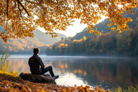 Young man sitting by a lake enjoying the autumn colors reflected on the water at sunriseの素材