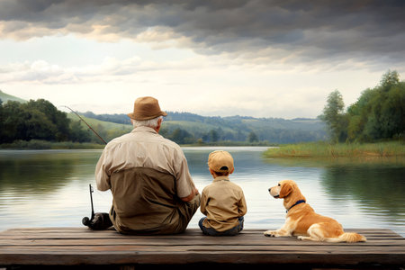 Grandfather, grandson and golden retriever dog enjoying fishing on a lake from a wooden pierの素材