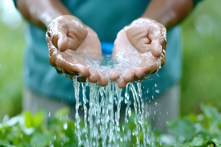 Farmer cupping hands holding fresh clean water and pouring, spilling, splashing, leaking, trickling, dripping, flowing over field plantsの素材