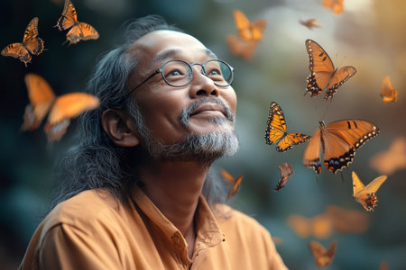 Senior asian man with long gray hair and glasses looking up smiling surrounded by monarch butterflies enjoying freedom and peaceの素材