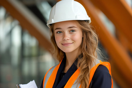 Portrait of a young female engineer smiling and wearing a safety helmet and vestの素材