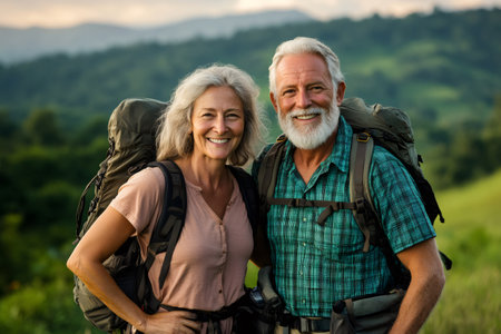 Happy senior couple wearing backpacks while smiling and enjoying mountain landscape during hikeの素材
