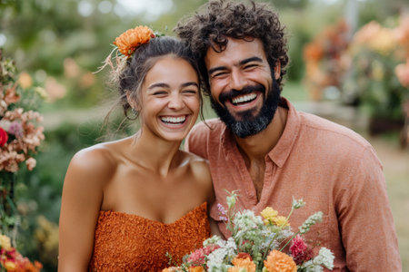 Smiling couple surrounded by colorful flowers, enjoying the outdoorsの素材
