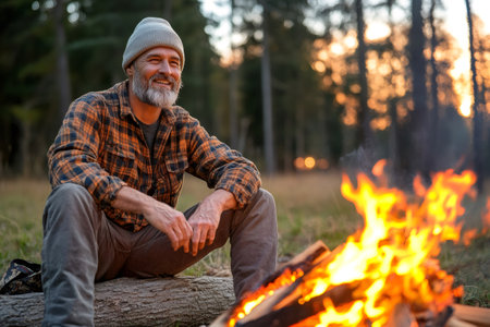 Smiling lumberjack sitting and warming up near bonfire in forest at sunsetの素材