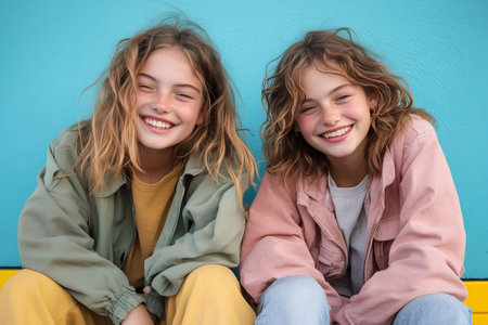 Two happy twin sisters are posing sitting against a blue wall, wearing casual colorful clothesの素材