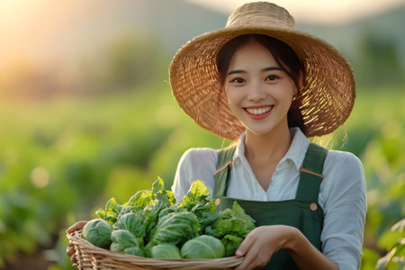 Asian woman farmer smiling and holding a basket of fresh vegetables in a fieldの素材