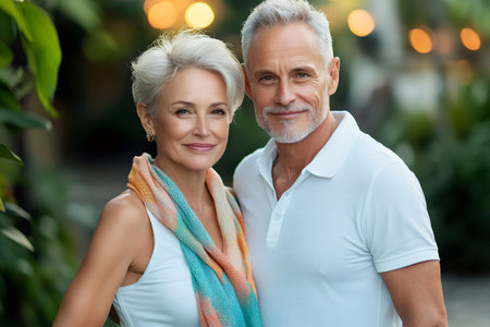 Portrait of a cheerful mature couple enjoying a relaxing moment together in a beautiful outdoor settingの素材