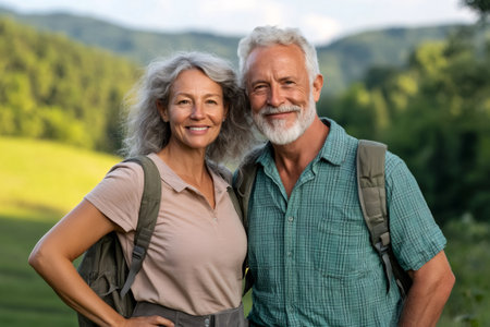 Happy senior couple hiking in the mountains enjoying freedom and healthy lifestyleの素材