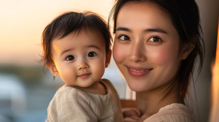 Happy asian mom and her baby girl smiling together, enjoying a tender moment during a beautiful sunsetの素材