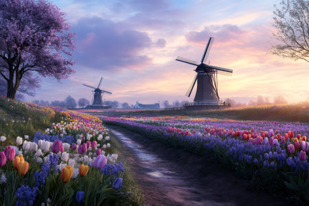 Traditional Dutch windmills are standing in a field of colorful tulips during a beautiful sunsetの素材
