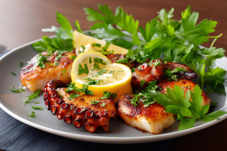 Delicious seafood dish with grilled octopus and fish seasoned with lemon and parsley lying on a gray plateの素材