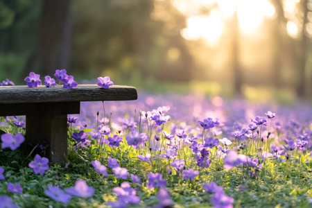 Beautiful purple flowers growing in a field with a wooden bench in the foreground and warm sunset light in the backgroundの素材