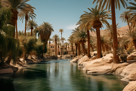 Calm water flowing between palm trees and resort buildings in a sunny desert oasisの素材