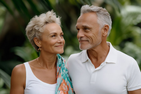 Smiling senior couple sharing a tender moment in a tropical garden, enjoying their retirementの素材