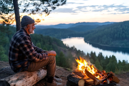 Senior lumberjack relaxing by campfire and enjoying the view of lake and mountains at sunsetの素材