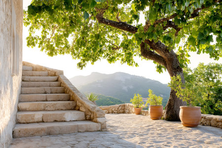 Peaceful terrace with trees and pots, mountain viewの素材