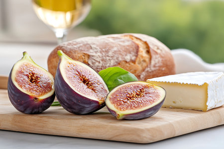 Appetizer with fresh figs, brie cheese and bread loaf on wooden cutting board, served with glass of white wineの素材