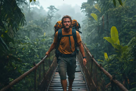 Brave explorer crossing a dangerous bridge in the jungle during a foggy day, surrounded by lush vegetationの素材