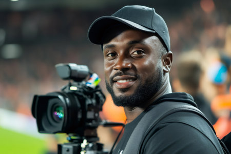 Professional cameraman recording a sport event with a professional camera inside a stadiumの素材