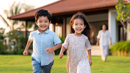 Two cheerful Asian children running on the grass in front of their house, enjoying a sunny dayの素材