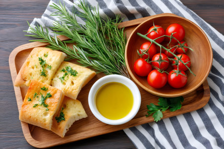 Toasted slices of bread seasoned with parsley, olive oil, cherry tomatoes and rosemary lying on wooden tray, simple italian snackの素材