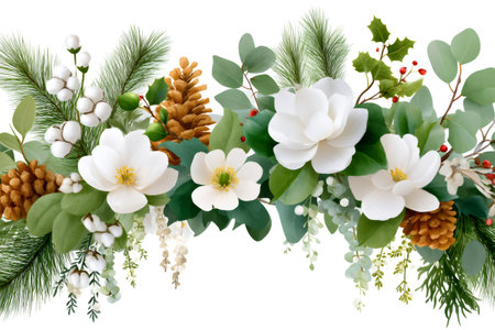 Beautiful Christmas garland with white magnolia flowers, pine cones, and cotton balls, perfect for festive decorationsの素材