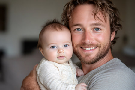 Portrait of a happy father holding his baby daughter, smiling and bonding at homeの素材