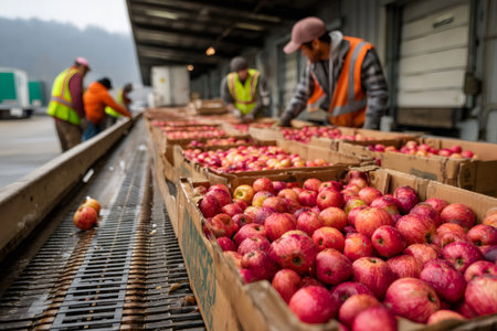 Warehouse workers sorting fresh red apples in cardboard boxes on conveyor belt in fruit packaging warehouseの素材