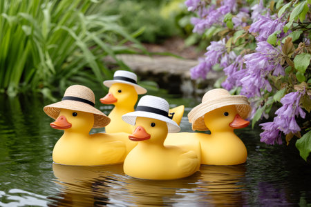 Three rubber ducks wearing summer hats enjoying a relaxing swim in a pond surrounded by lush greenery and purple flowersの素材