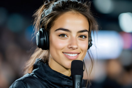 Young female reporter wearing headphones smiling and speaking into a microphoneの素材